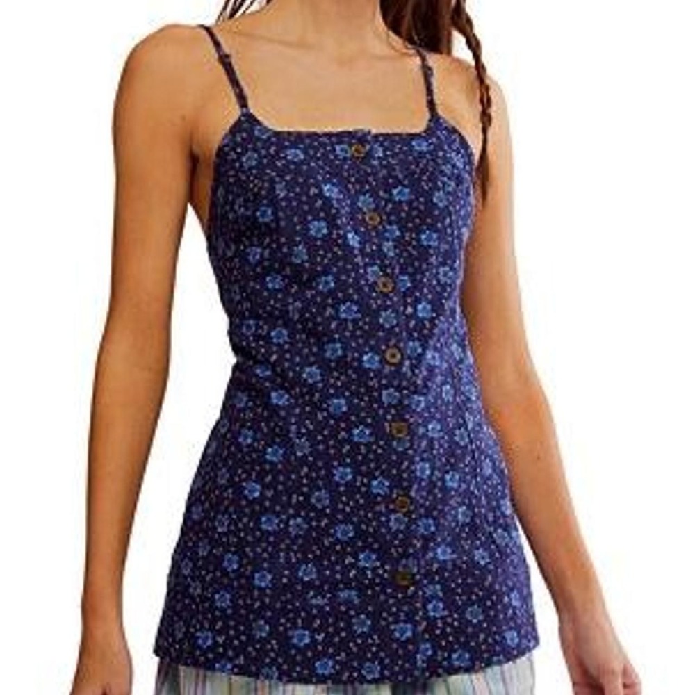 Free People Maddie Floral Cami‎ L Navy Blue Excellent Button Front Smocked Tank